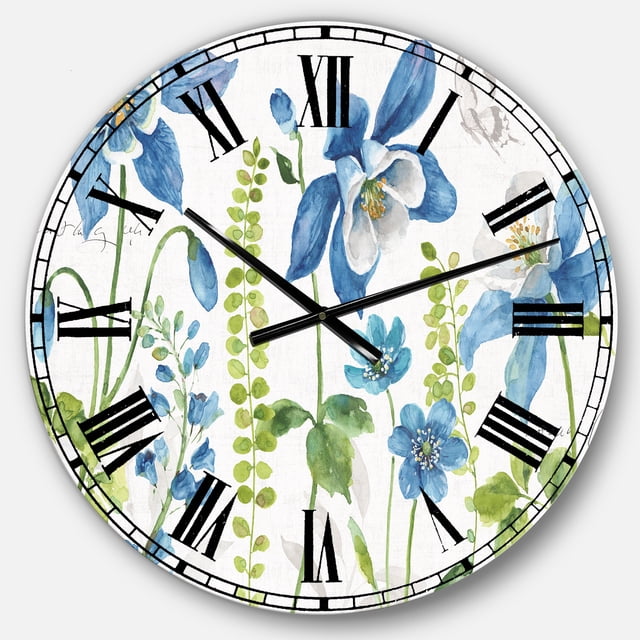 Designart 'Bluebell And Columbine Wild Flowers With Butterfly Traditional Wall Clock