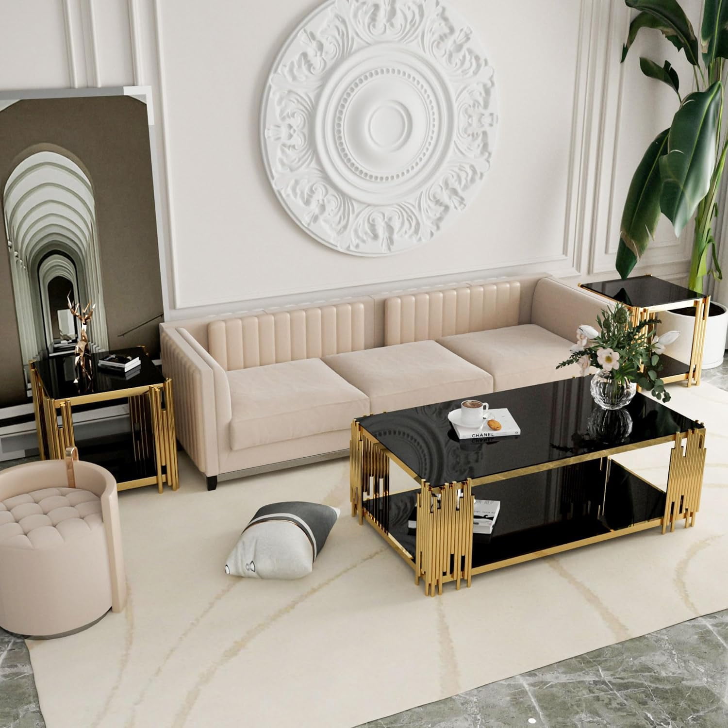 End Tables for Living Room Set of 3, Holaki Modern Rectangle Tempered Glass Coffee Table with 2 Square End Table, Coffee Table Set with Stainless Steel Irregular Legs for Home Apartment Office