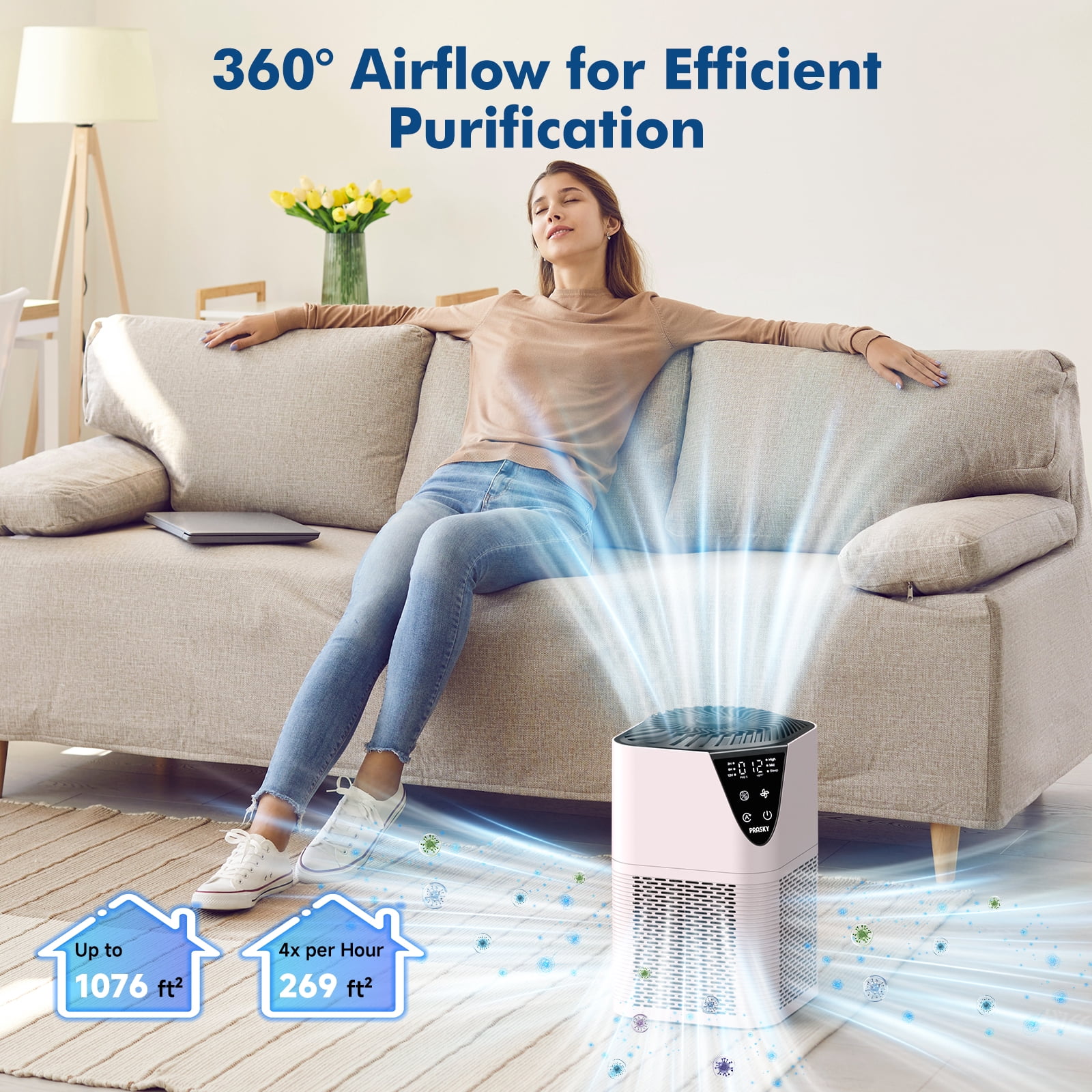 PRASKY Air Purifier for Home 1076 Sq Ft Coverage, True HEPA Filter for Pets, Smoke & Allergies | Quiet & Portable for Bedroom/Living Room (Pink)