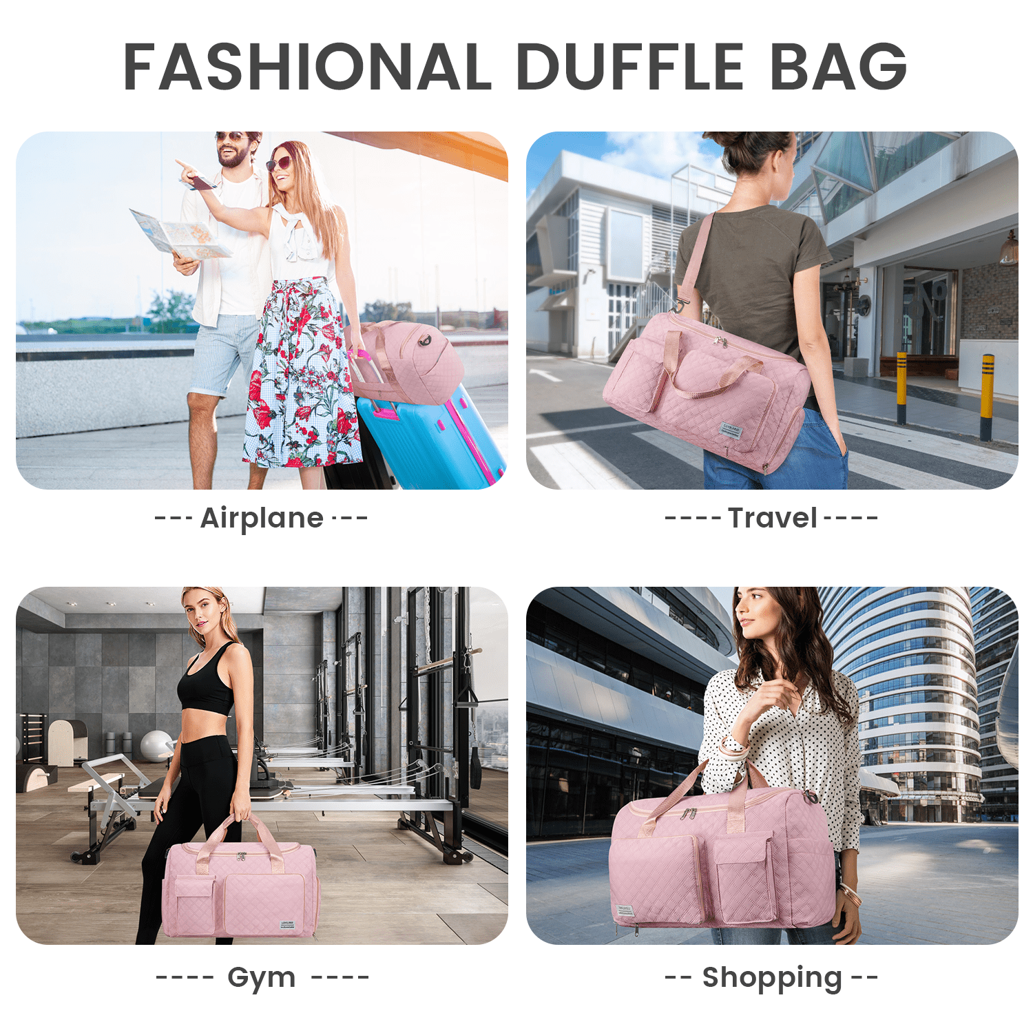 Travel Duffle Bag for Women Men, Foldable Weekender Bags Carry on Gym Bag with Wet Pocket/Adjustable Strap/Shoe Compartment, Waterproof Overnight Tote Bag for Plane Sports Dance, Pink