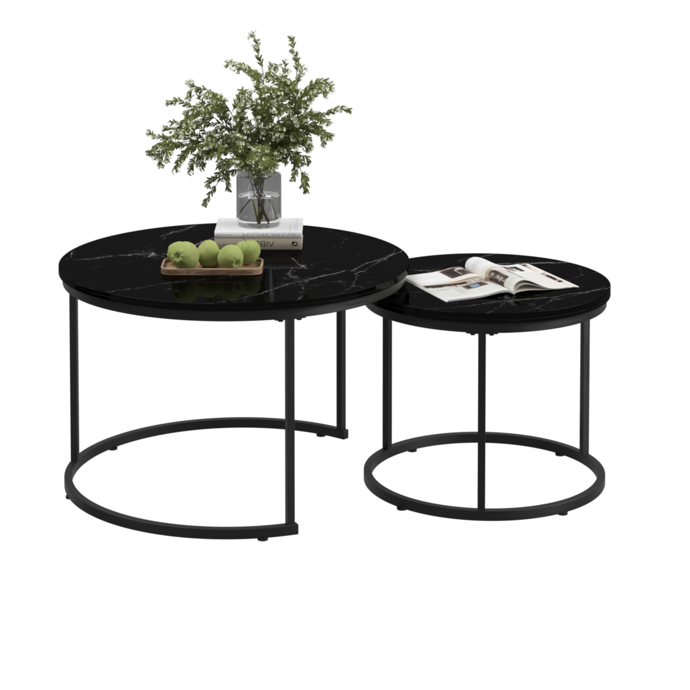 Noble House Lazura 27.6" Marble Look Nesting Coffee Table Set, Round MDF Top with Metal Base, Black, Set of 2