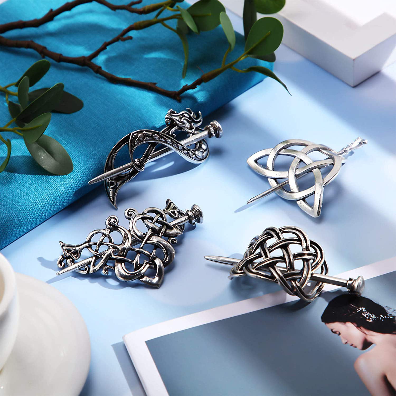 8 Pieces Viking Hair Clips Celtic Knot Hairpin Stick Retro Silver Vintage  Metal Barrette Viking Jewelry Minimalist Hair Accessories for Women and