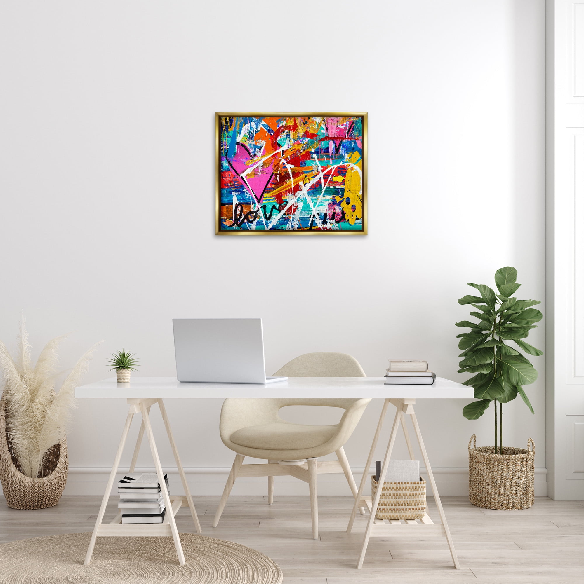 Stupell Industries Urban Heart Graffiti Collage Abstract Painting Gold Floater Framed Canvas Art Print Wall Art, 31 x 25