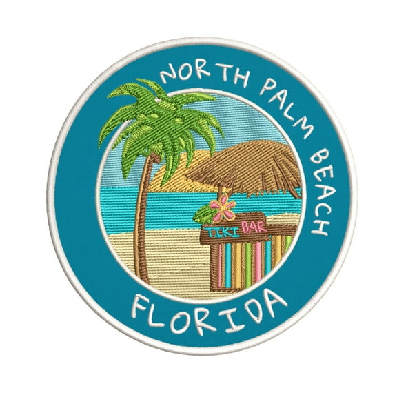 Happy Hour! North Palm Beach, Florida 3.5 Inch Iron Or Sew On Embroidered Fabric Badge Patch Ocean Beach, Salt Life Iconic Series