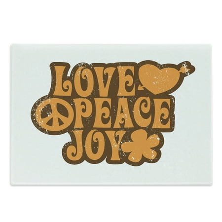 

1970s Cutting Board Grunge Effect Love Peace Joy Words with Heart Flower Monochrome Decorative Tempered Glass Cutting and Serving Board in 3 Sizes by Ambesonne