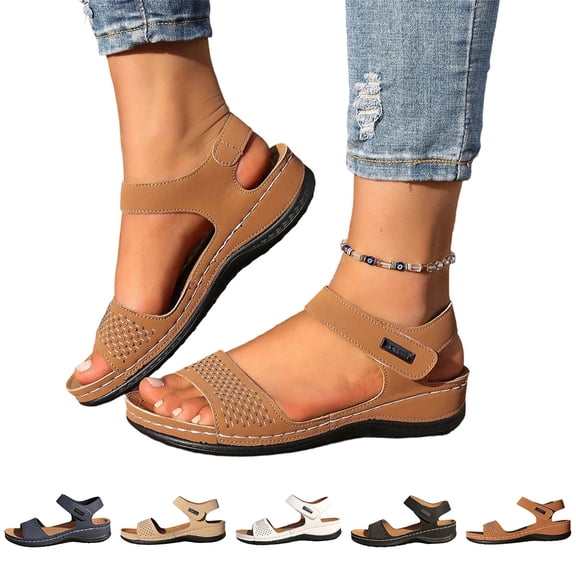 IEMIEMIEM Womens Orthopedic Walking Sandals Comfortable Arch Support Platform Wedge Thick Memory Foam Cushion Sport Plantar Fasciitis Shoes Ankle Strap Casual Summer Beach Shoes Brown 6.5 Wide