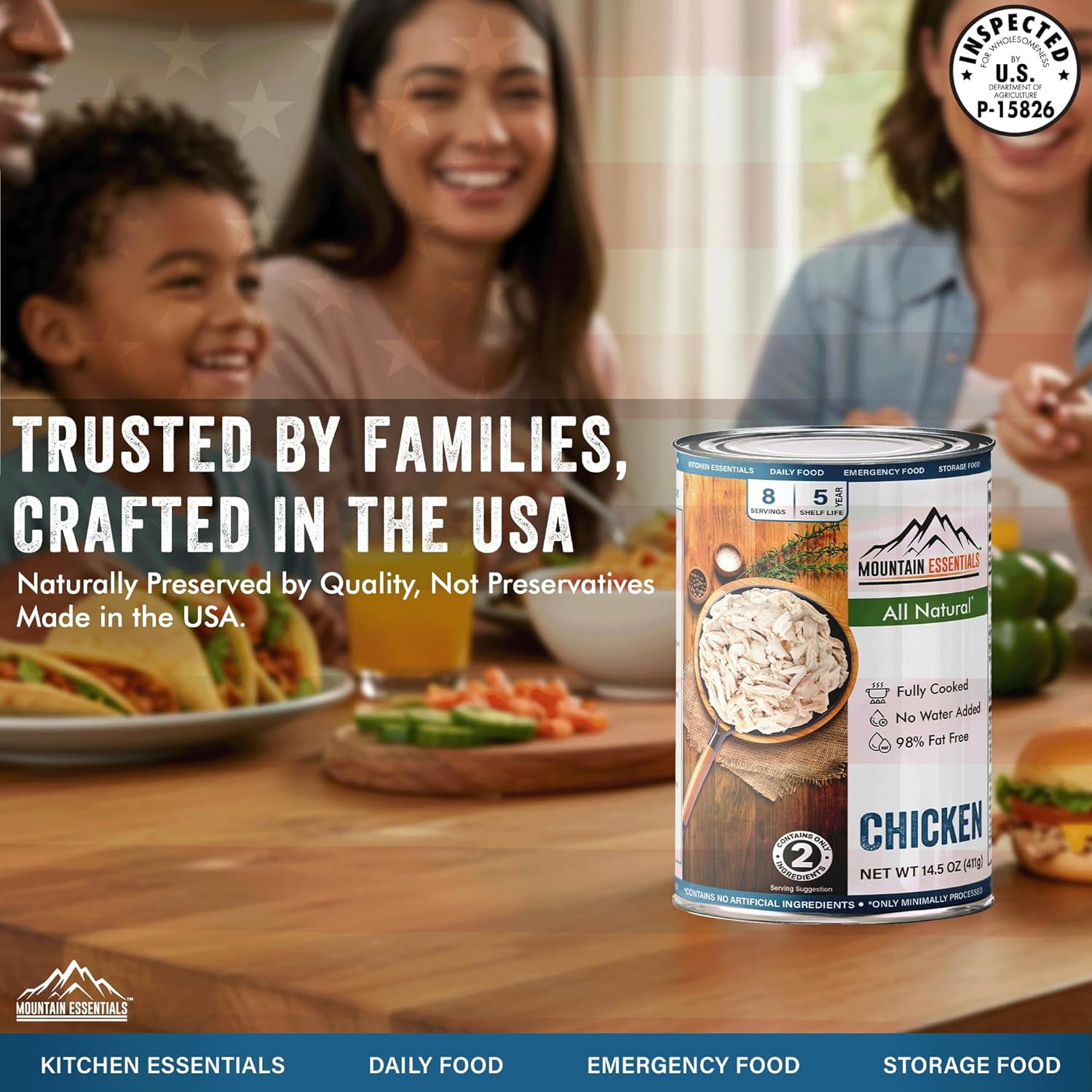 Mountain Essentials Fully Cooked Canned Chicken 14.5 oz (Pack of 6) – Ready-to-Eat White Meat, Long Shelf Life Protein, Gluten Free, Emergency Food Supply, Camping & Pantry Staple, Made in USA