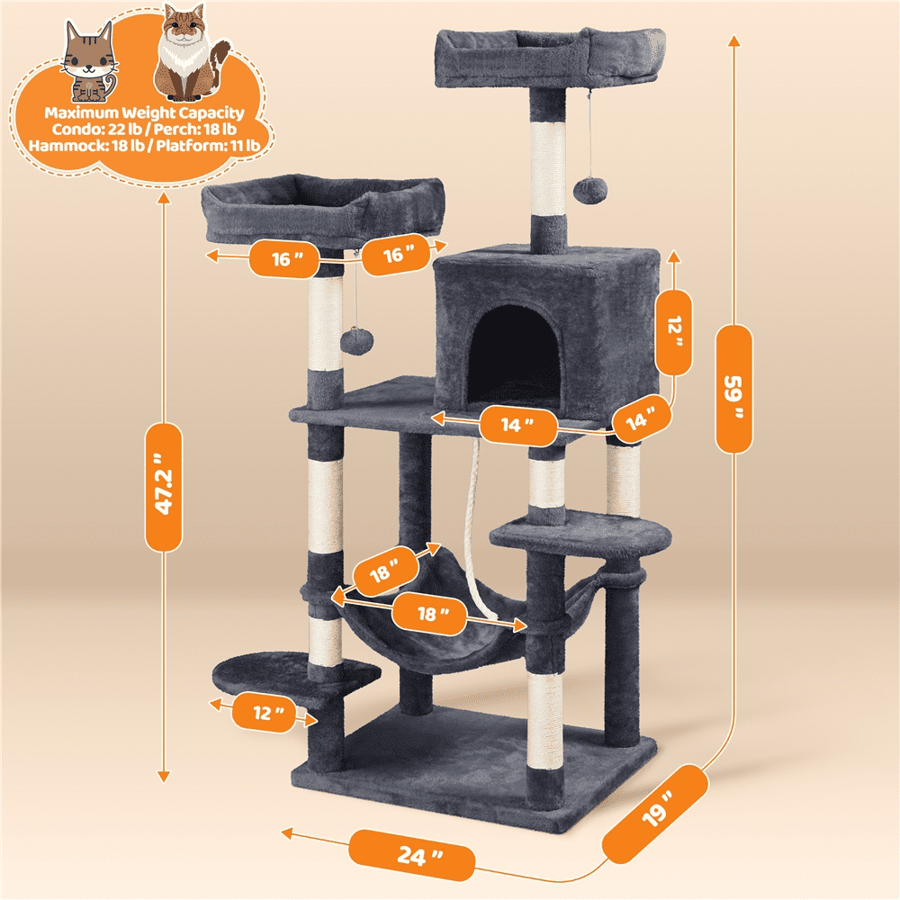 Alden Design 59" Cat Tree with Condo and Scratching Post Tower, Dark Gray