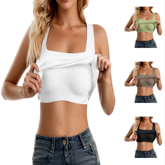 Arlun Built in Bra Tank Tops for Women Summer Square Neck Stretch Smooth Seamless Camisole with Removable Padding Casual Solid Color Sleeveless Basic Layer Cami Top White S