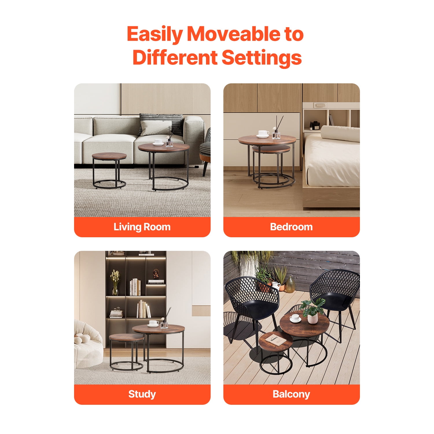KFFKFF Nesting Coffee Table Set of 2, 23.6 in Round Tables, Ideal for Compact Spaces, End Side Tables or Night Stand with Metal Frame, Suitable for Living Room, Bedroom, Office