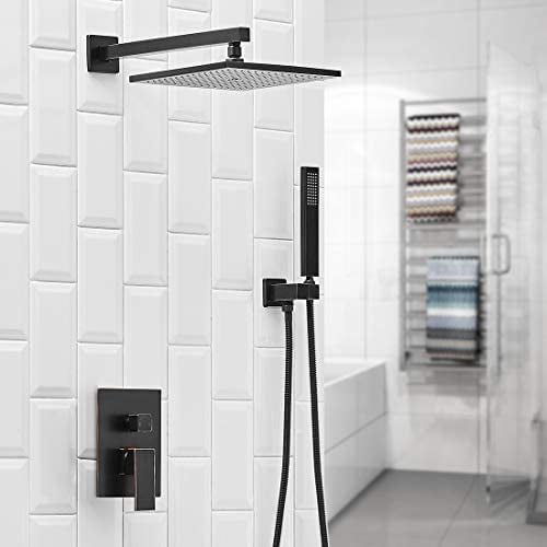 Black Square Handheld Shower Head Set+Bath Waterfall Spout+Mixer Tap Diverter 