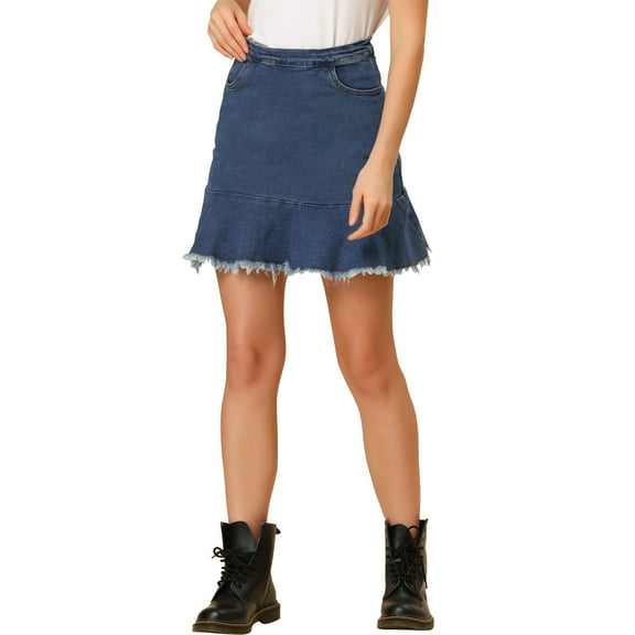 INSPIRE CHIC Allegr K Women's Denim Ruffle Hem Adjustable Strap Mini Suspender Skirt XS Blue
