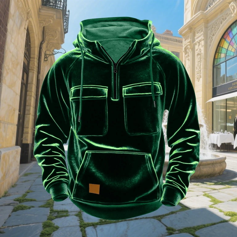 k*e様 BIO VELOUR HOODIE GREEN ベロア bio wea UVEASISHA Velvet Hoodies for Men Quarter Zip Hooded Sweatshirt