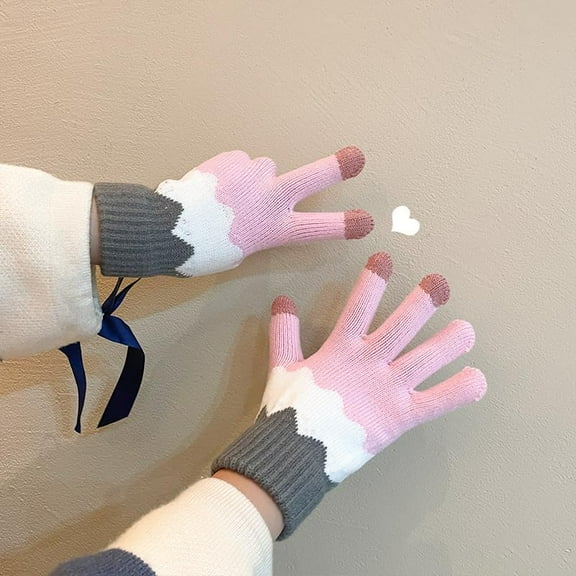 2 Pairs Cotton Knitting Full Finger Gloves Wind Proof Thermal Winter Warm Gloves Touch Screen for Cold Weather Pearl Pink 24.7cm