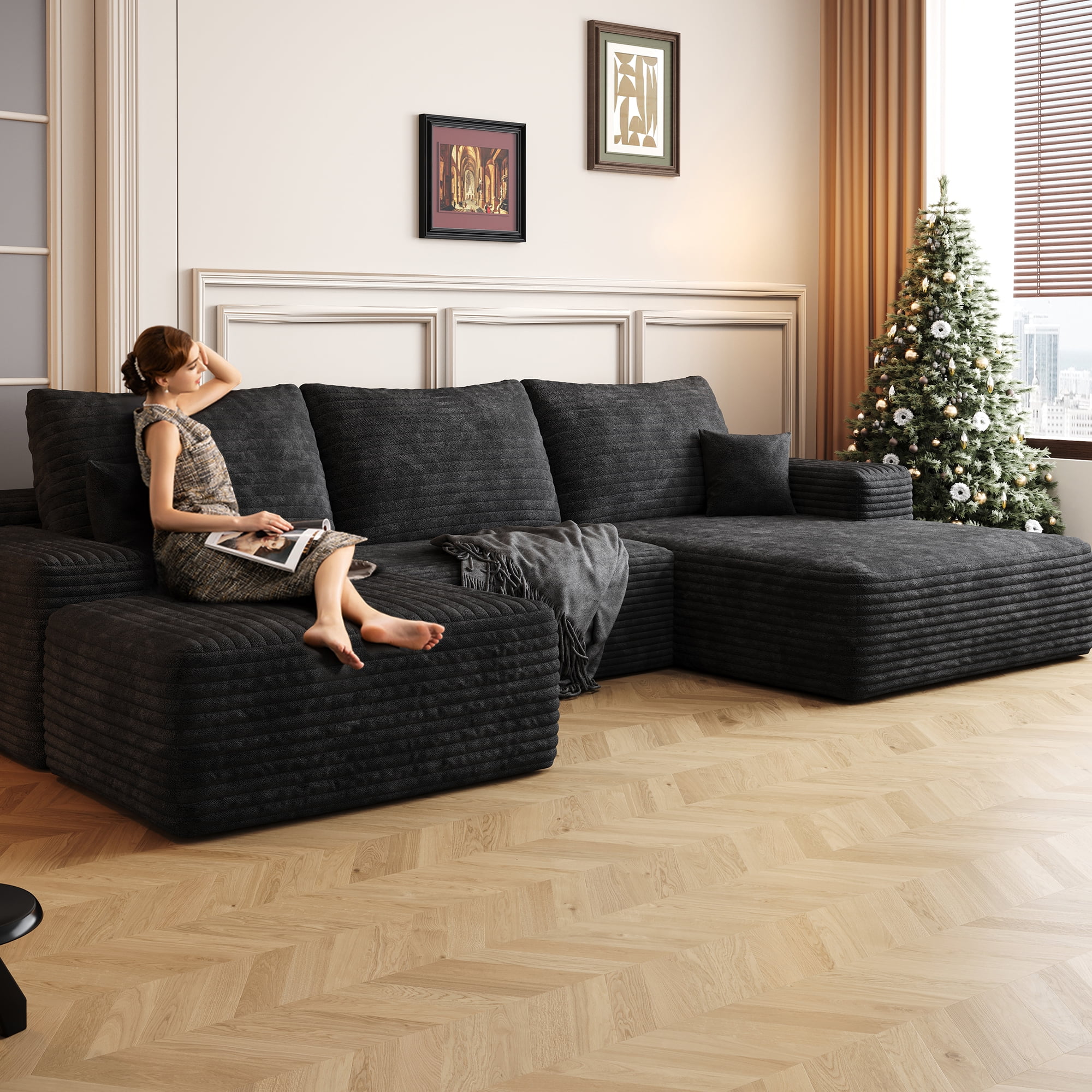 MAYEERTY 107" Black Modern Modular Cloud Sectional - No Assembly, Spacious Comfort Room