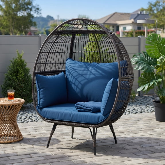 Oversized Navy & Light Brown PE Rattan Egg Lounge Chair with 4 Premium Cushions – Outdoor Patio Egg Chair, Heavy-Duty Metal Frame, 450 lb Capacity