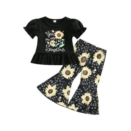 

Sunisery Kids Little Girls 2Pcs Outfits Letter Sunflower Short Sleeve Ruffle Hem Tops Elastic Waist Flared Pants Black 3-4 Years