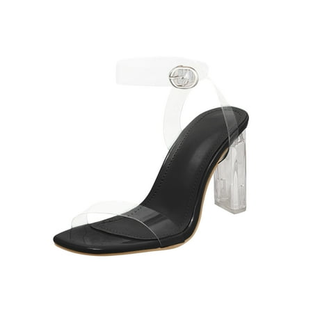 

Cathalem Ladies Fashion Transparent Square Open Toe Buckle Thick High Heeled Sandals Black 41