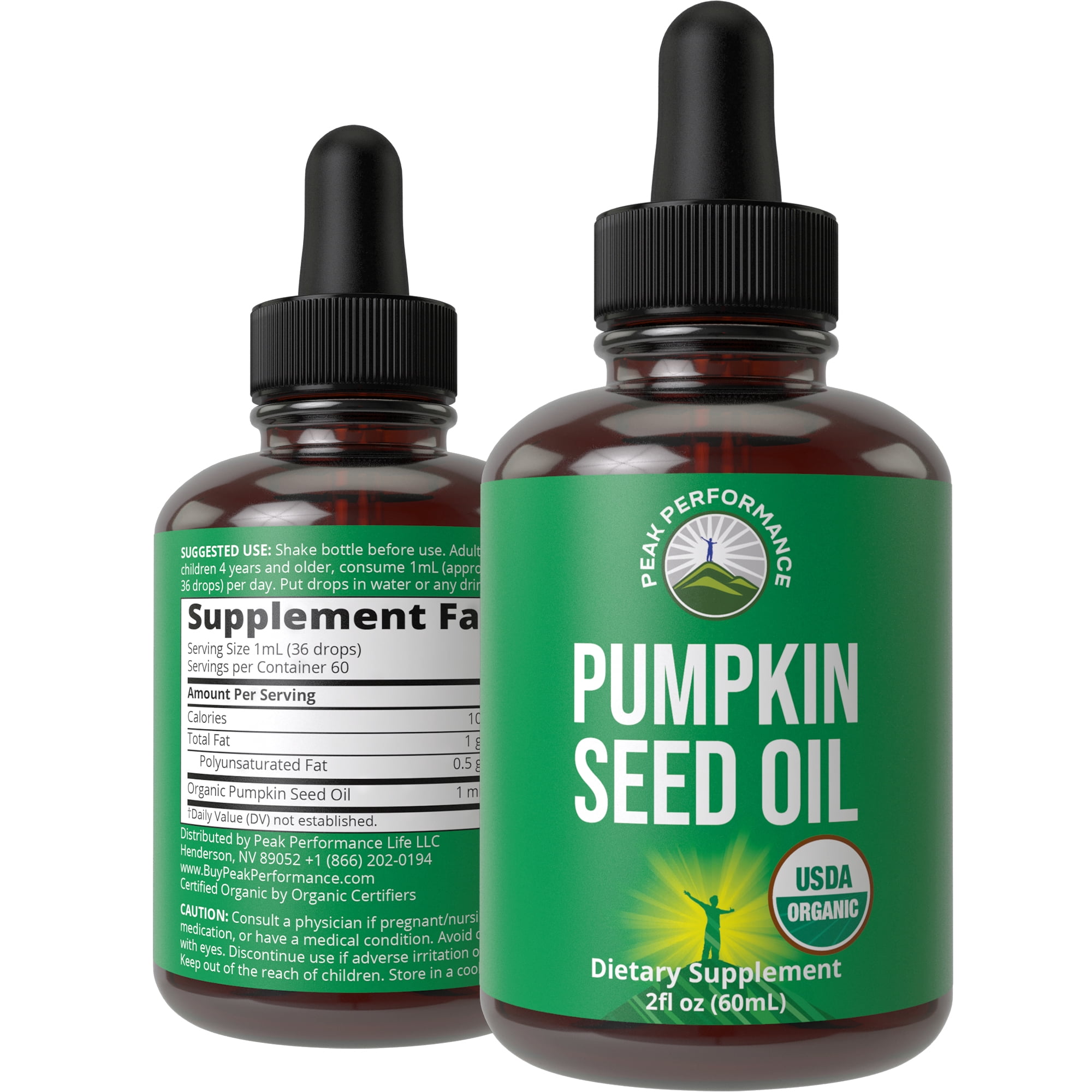 Peak Performance USDA Organic Pumpkin Seed Oil Liquid Drops, Hair, Skin & Prostate Support, 2 fl oz