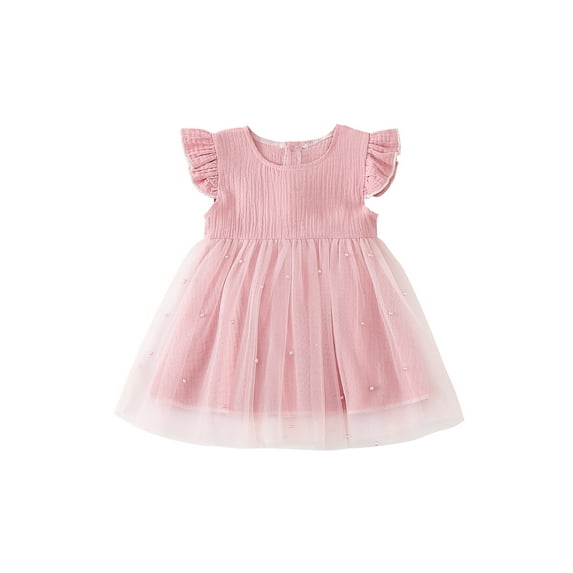Qmyliery Baby Girl Sweet Mesh Dress, Short Sleeve Round Neck Pearl Decoration Summer Fall Casual Home A-Lined Midi
