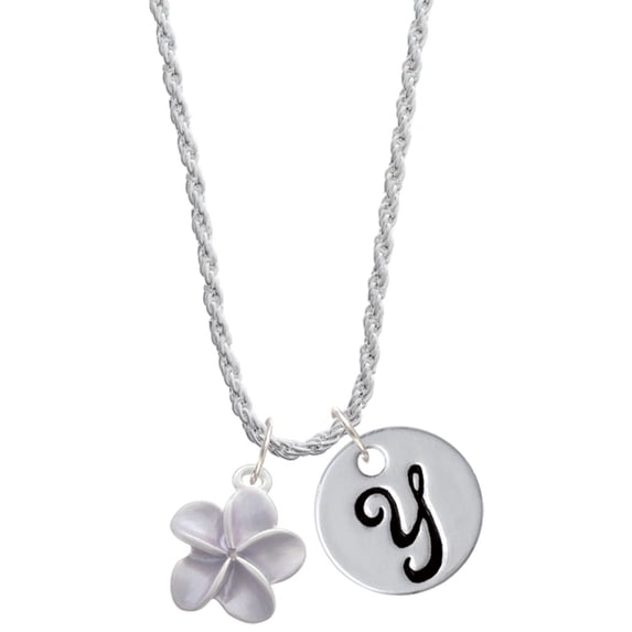 Delight Jewelry Silvertone Purple Plumeria Flower Silvertone Script Initial Disc - Y - Charm Necklace, 20"+3"
