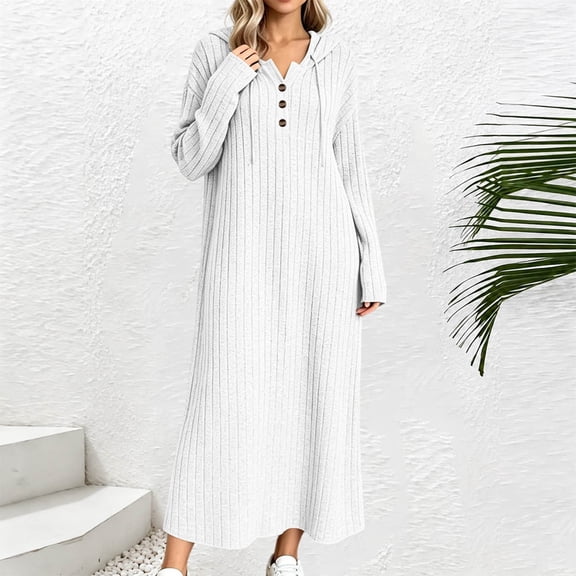Guieoi Womens Dresses Long Sleeve V-neck Button-front Ribbed Drawstring Sweatshirt Dress Long Dress White XL