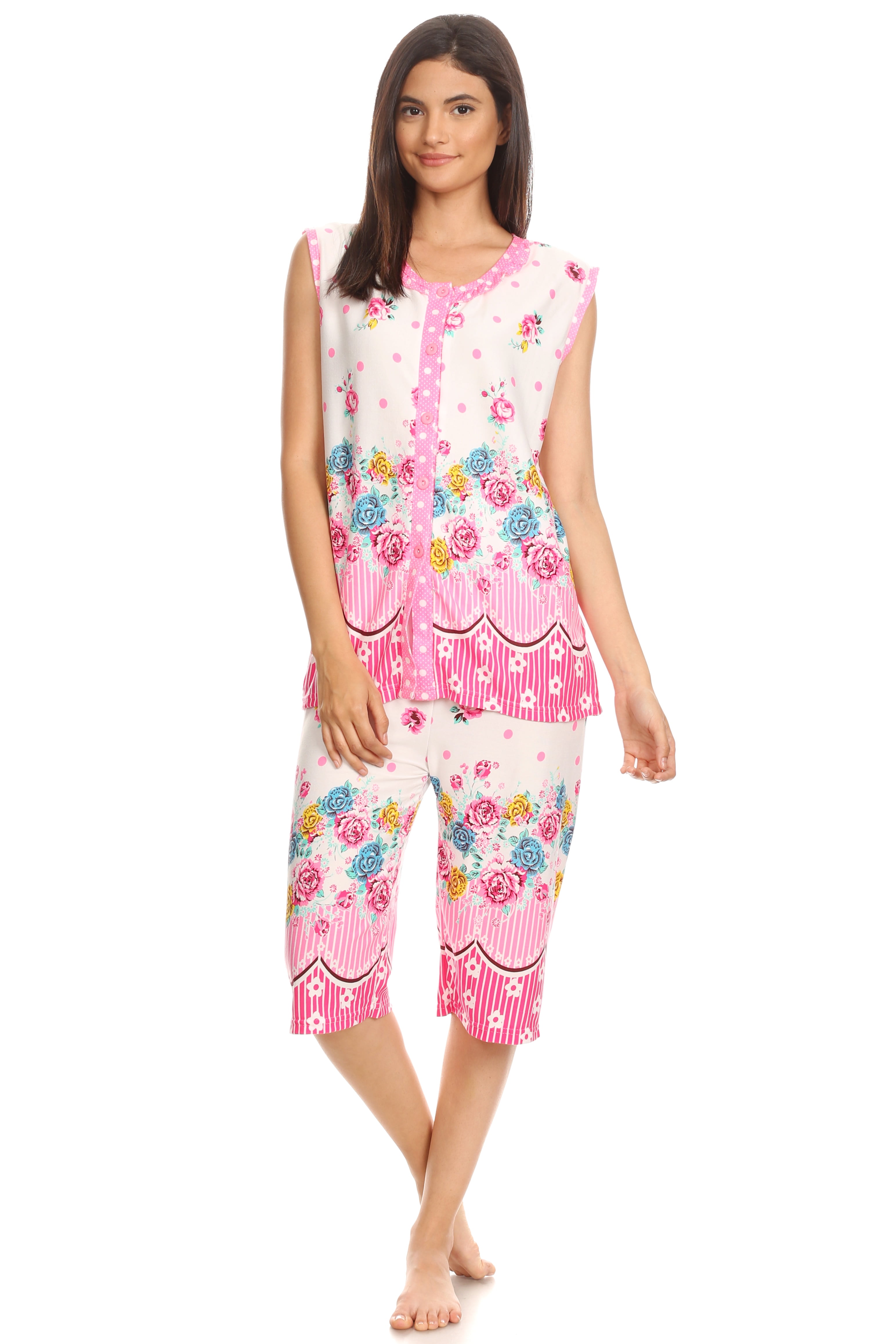 Premiere Fashion - 15026C Womens Capri Set Sleepwear Cotton Pajamas - Woman Sleeveless Sleep