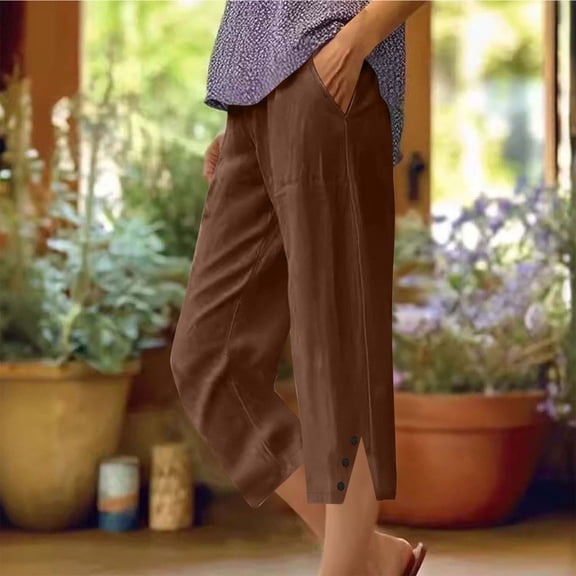HongQid Women's Linen Pants Casual Summer Capris Loose Fit Lightweight Drawstring Waisted Cropped Pants with Pockets