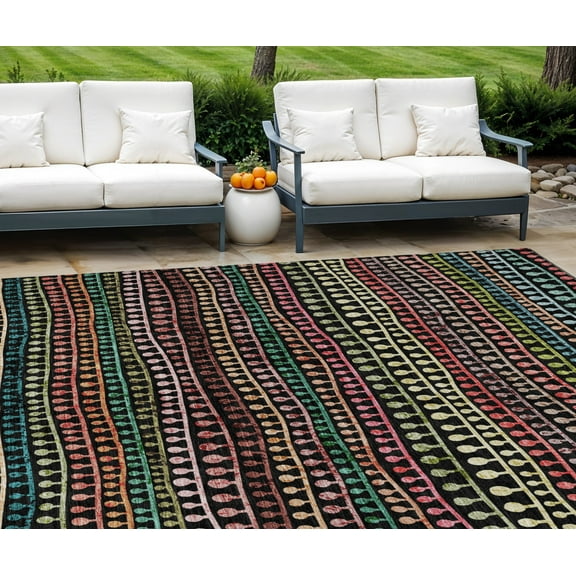 9' X 12' Black Green And Gold Striped Washable Indoor Outdoor Area Rug