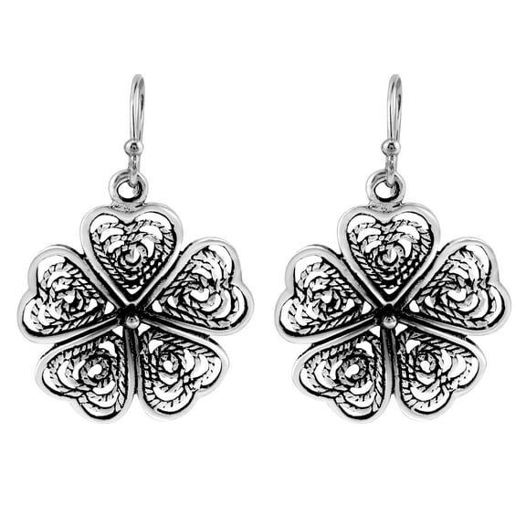 AeraVida Ethereal Swirls Heart Petals Sterling Silver Flower Dangle Earrings