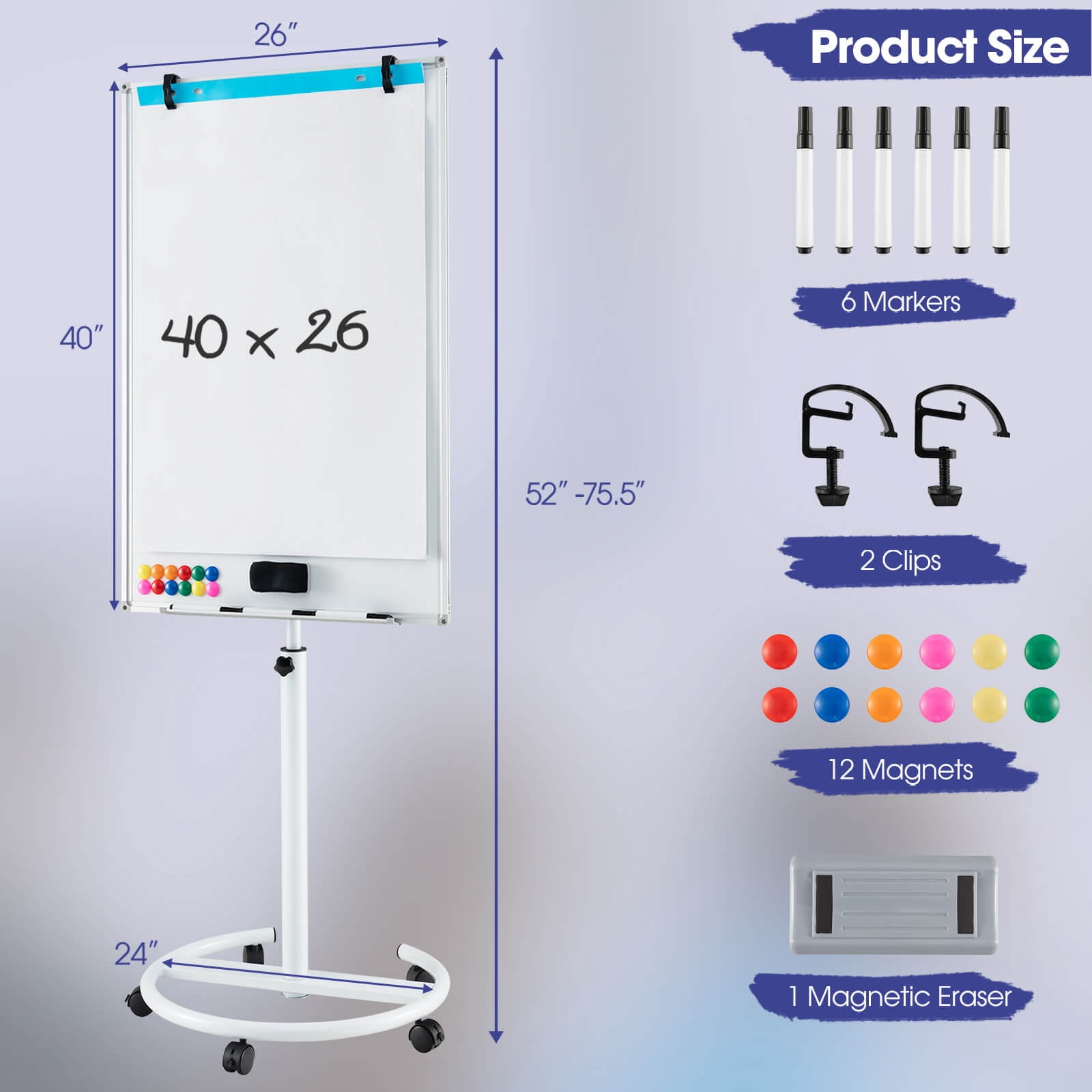 Costway Mobile Whiteboard 40" x 26" Height Adjustable Magnetic Dry Erase Board with Stand White