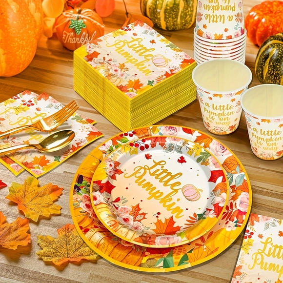 170Pcs Little Pumpkin Baby Shower Party Decorations Set - Fall Theme Adorable Plates Napkins and Decor for Girls - Perfect for Celebrating New Arrival