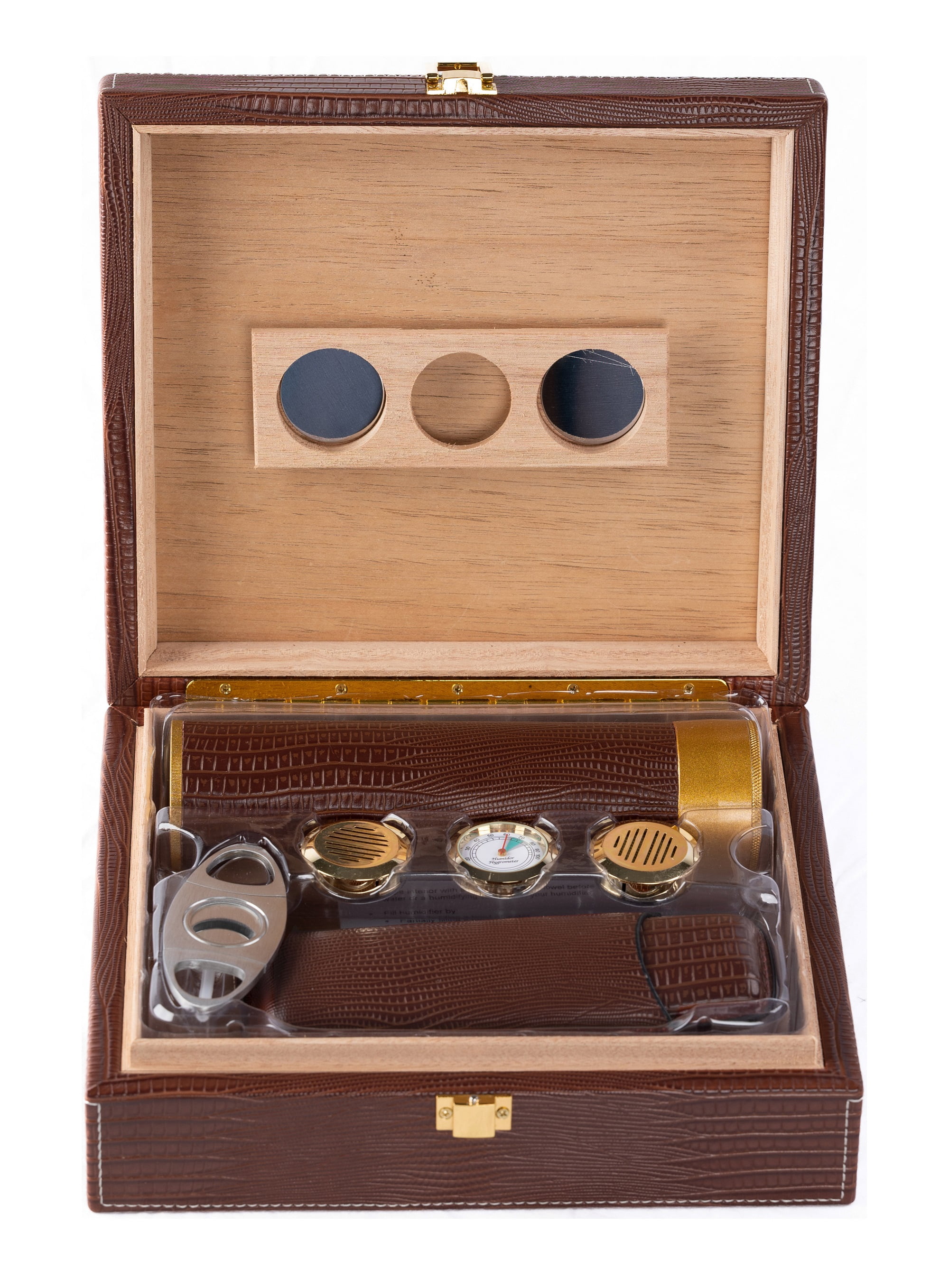 Alligator Leather Cigar Humidor Gift Set - Brown - Capacity: 25