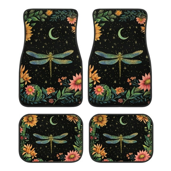 Kuiaobaty Comfortable Car Carpet Mats Auto Floor Mat Vintage Floral Dragonfly Moon Star Pattern 4 PCS Front Rear Carpets Mat Automotive Accessories Fit Most Van Car Sedan Truck