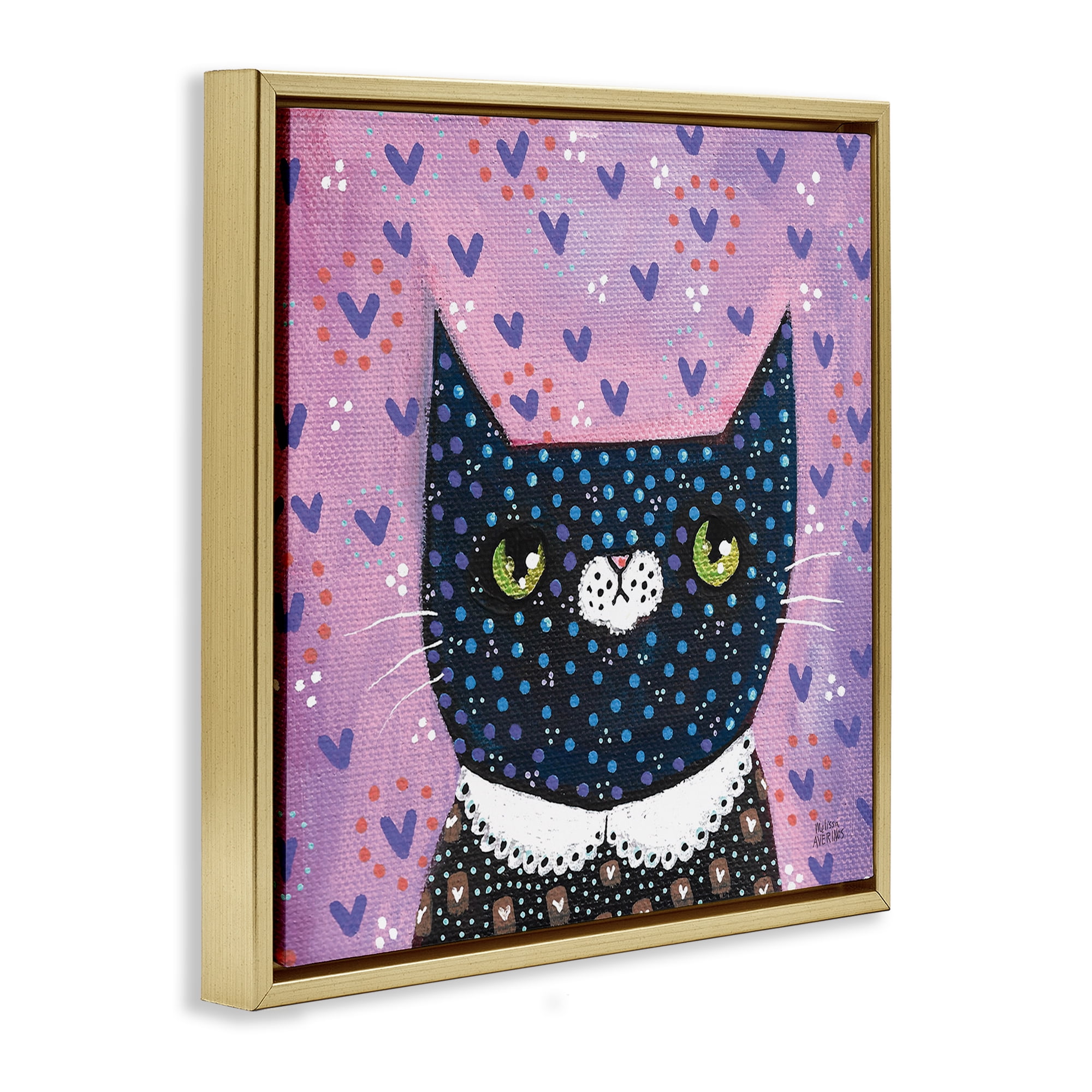 Stupell Industries Whimsical Patterned Cat Animals & Insects Painting Gold Floater Framed Canvas Art Print Wall Art, 25 x 25