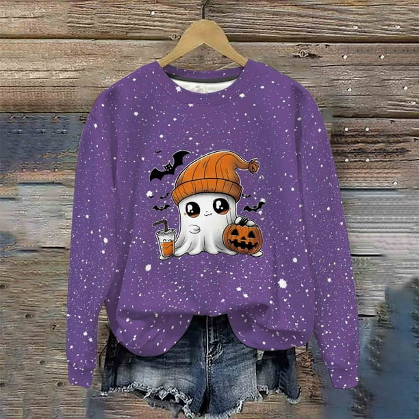 Ailaofu Women's Halloween Printed Round Neck Casual Sports Long Sleeve Sweatshirt Top Sweatshirt Loose Soft Long Sleeve Pullover Tops