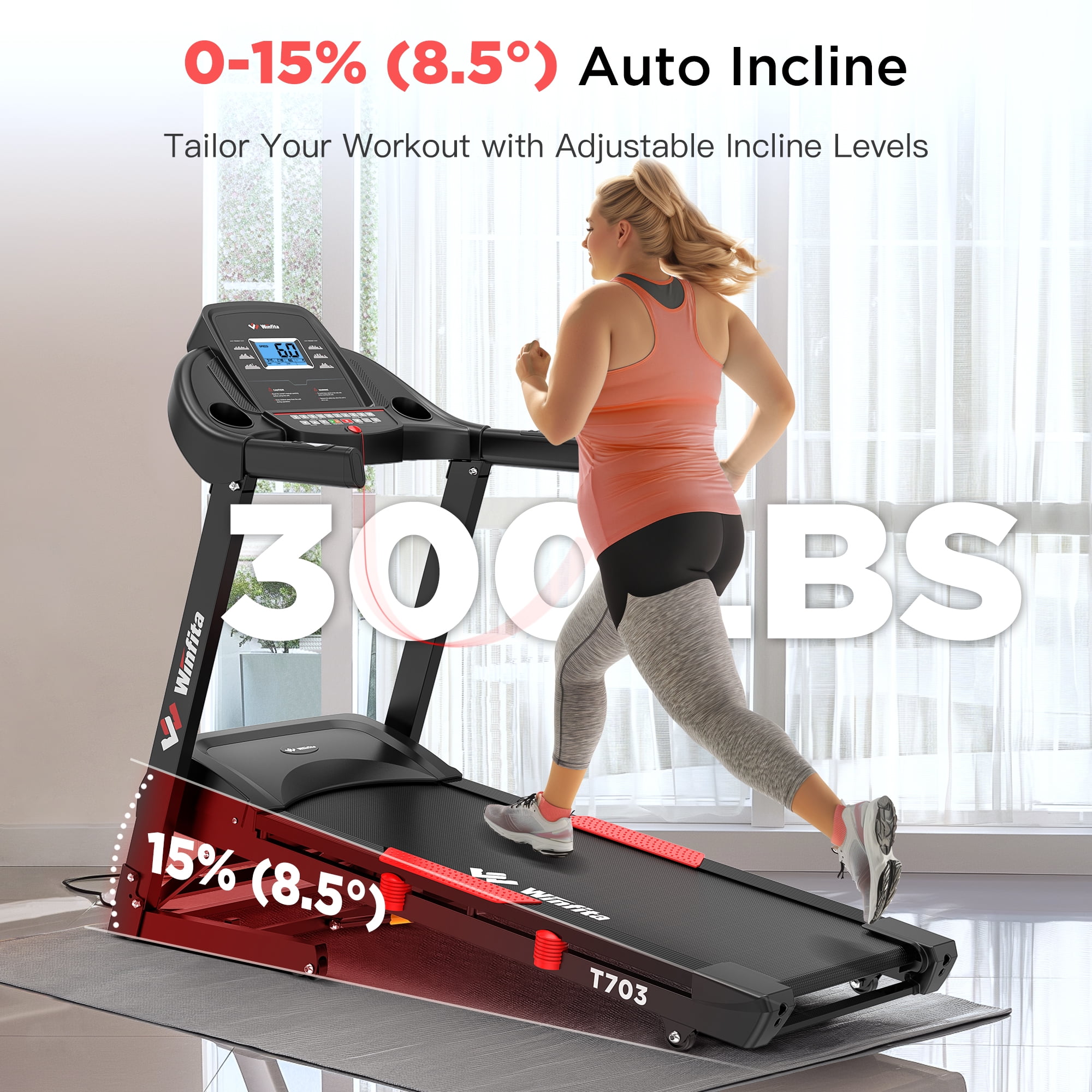 Winfita Treadmill with Incline 300 Lbs Capacity, Automatic Incline Treadmills for Home, Portable Walking Treadmill with Handles, Electric Folding Workout Treadmills