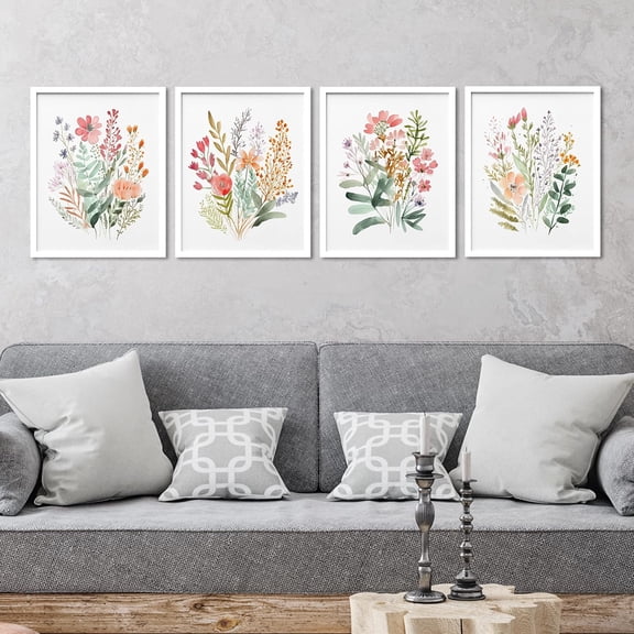 PixonSign 4 PCS Adhesive Canvas Poster Colorful Wildflower Framed Wall Prints Forest Bouquet Multicolor Botanical Floral Digital Art Set Nature Wilderness Modern Art Decor - 11"x14" White