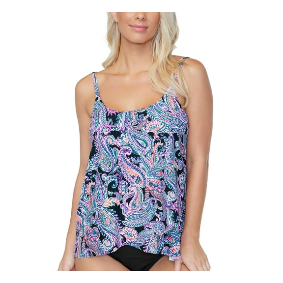 ISLAND ESCAPE Women's Black Paisley Stretch Lined Adjustable Molded Cup Capetown Scoop Neck Tankini Swimsuit Top 6