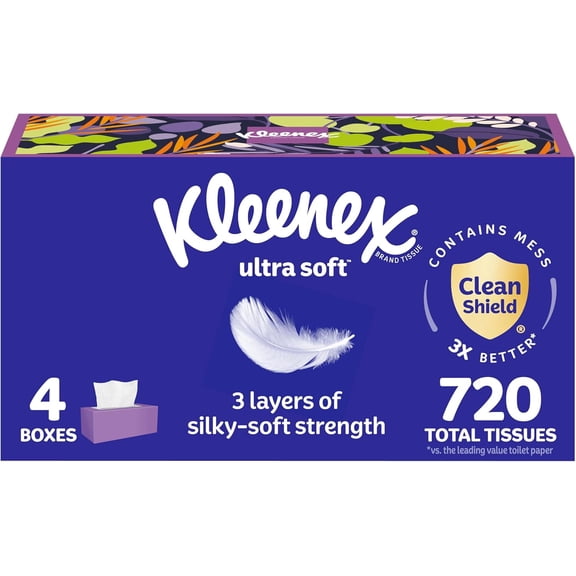 Ultra Soft Facial Tissues, 4 Flat Boxes, 180 Tissues per Box, 3-Ply, Packaging May Vary