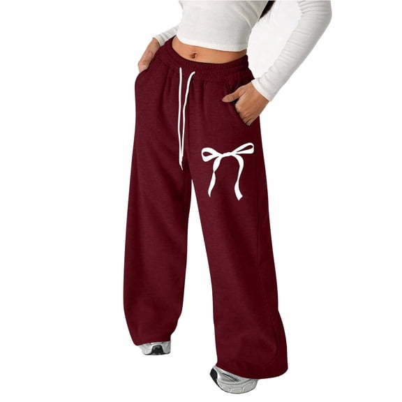 Girls Bow Sweatpants Wide Leg Straight Cut Baggy Casual Pants with Drawstring Waist for Everyday Wear 2026 Wine 110