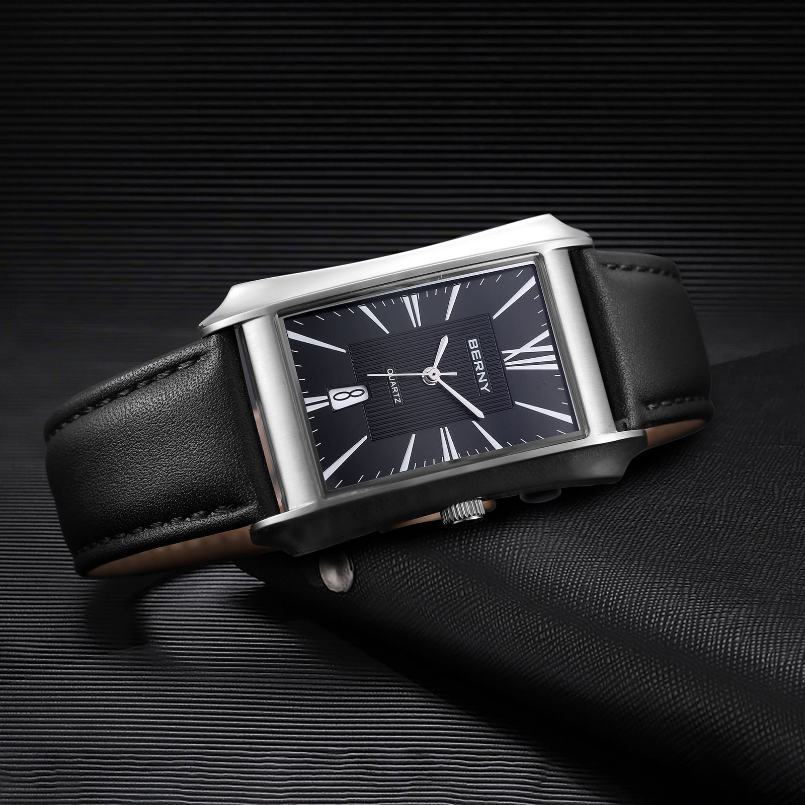 BERNY Men's Leather Watch, Vintage Stainless Steel Rectangular Case Roman Dial Dress Analog Watch with Date Calendar, Waterproof, Classic Business Quartz Wrist Watches for Men (Black)