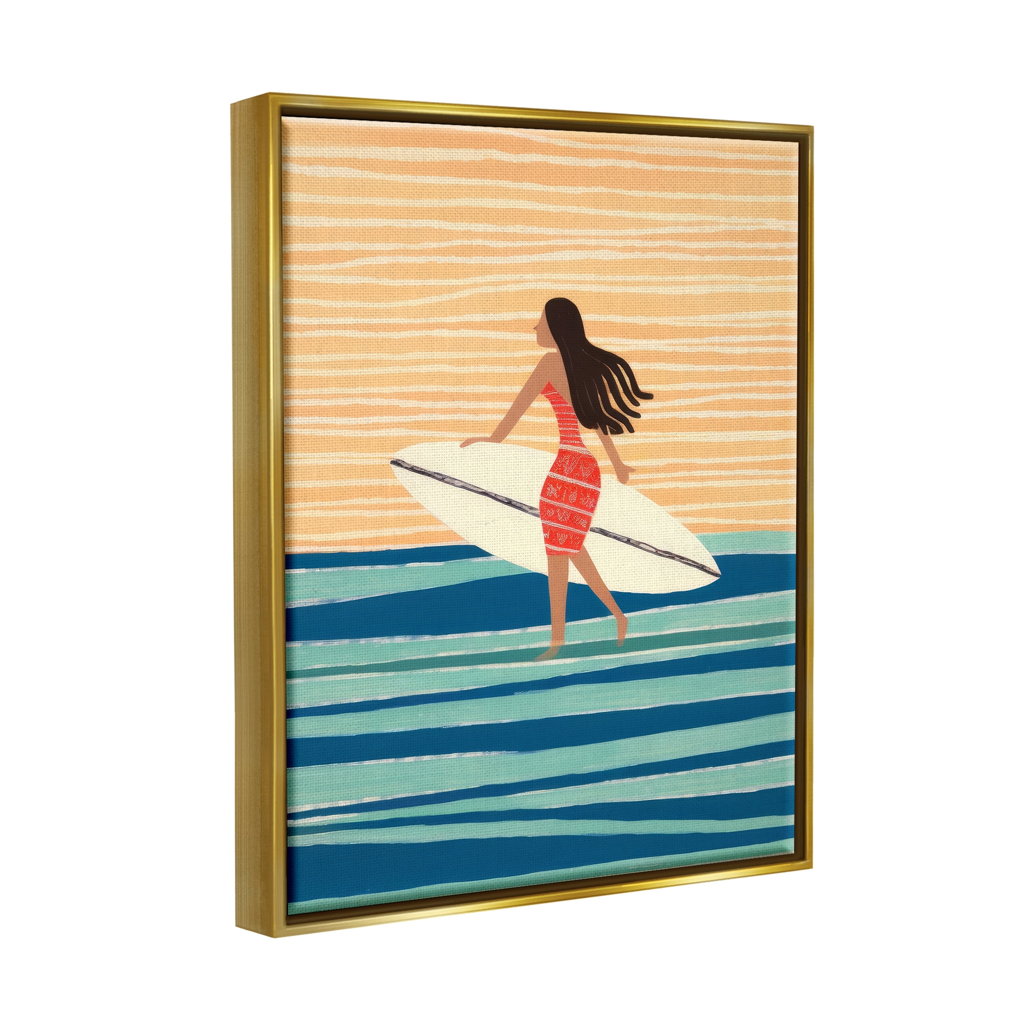 Stupell Industries Abstract Surfer Girl Abstract Painting Gold Floater Framed Canvas Art Print Wall Art, 25 x 31
