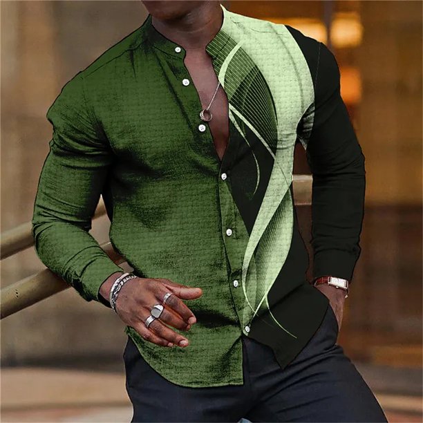 Camisa larga de verano para hombre, cuello alto, camisa clásica con estampado 3D, botones, moda retro, ropa urbana de alta calidad
