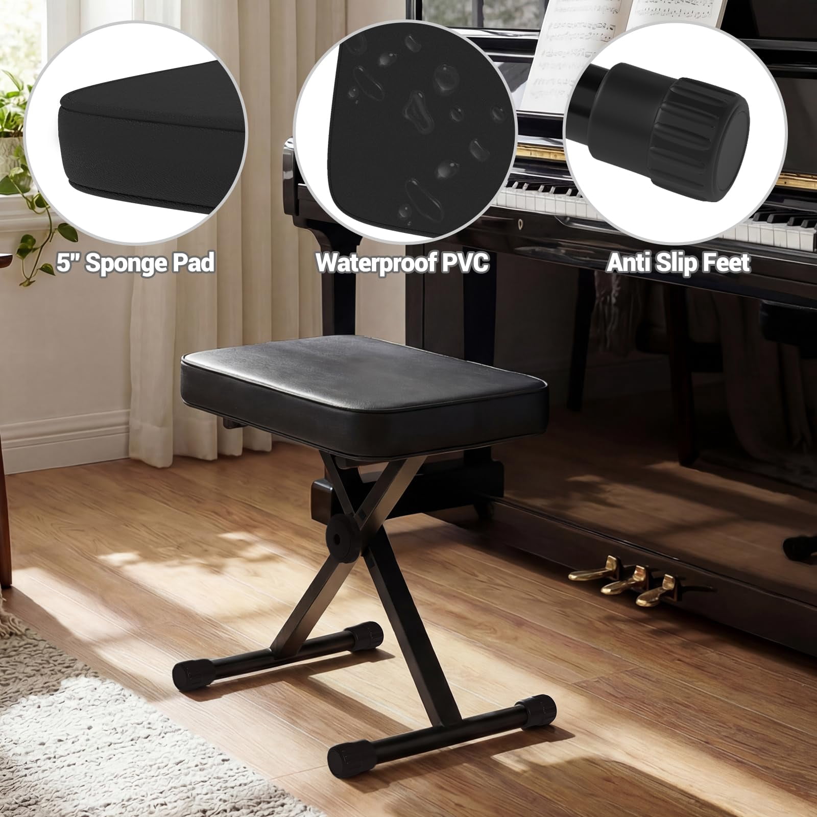 Adjustable Padded Keyboard Bench  X-style Collapsible Piano Guitar Stool With 2.56 Inch Thickness High-density Sponge And 3-position Height Waterproof Non-skid Design Black