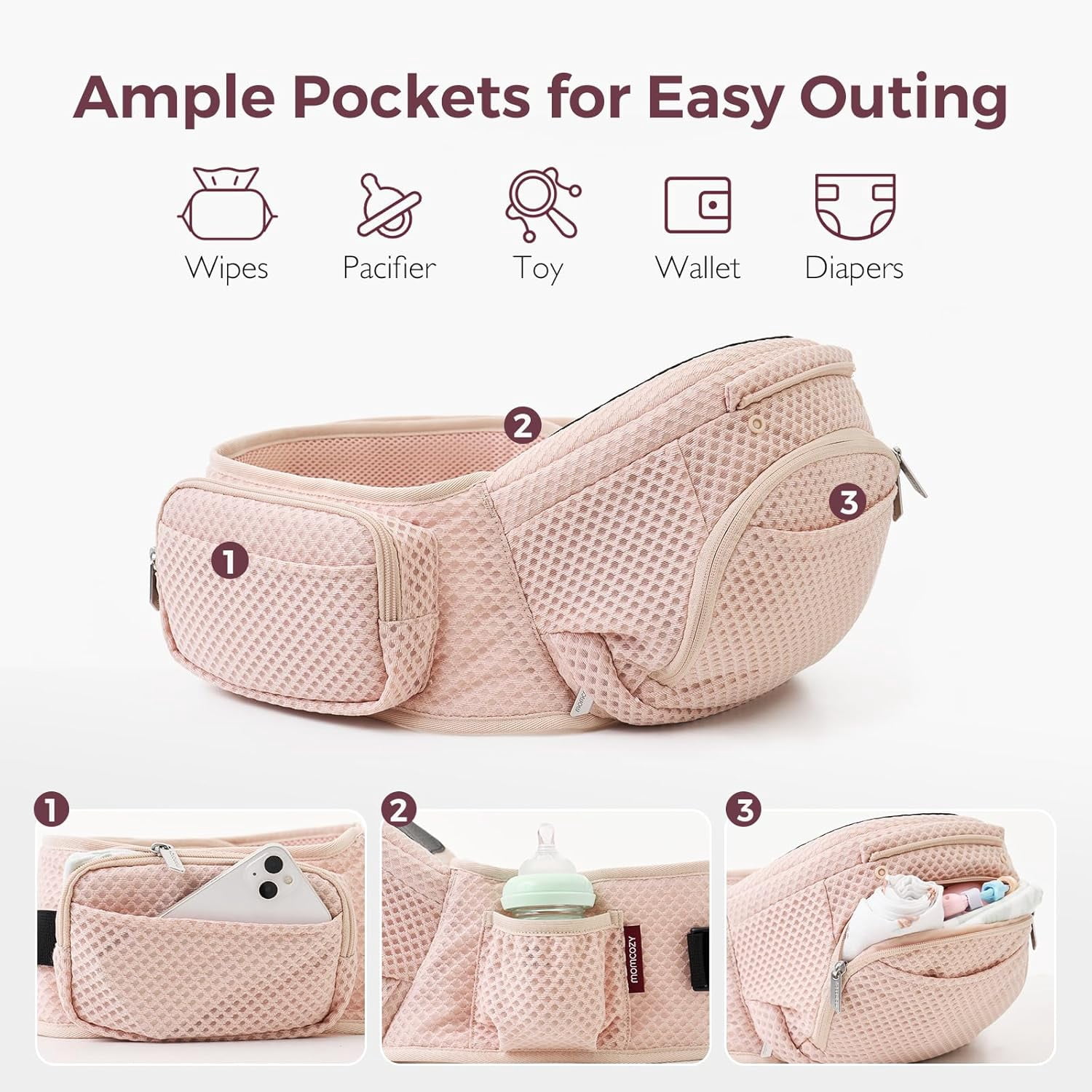Momcozy Baby Carrier with Hip Seat, 2-in-1 Detachable Hip Seat Carrier for Toddlers up to 43lbs, Forward-Facing Carry for Active Babies Fits Waist Sizes up to 46 Inches, Pink