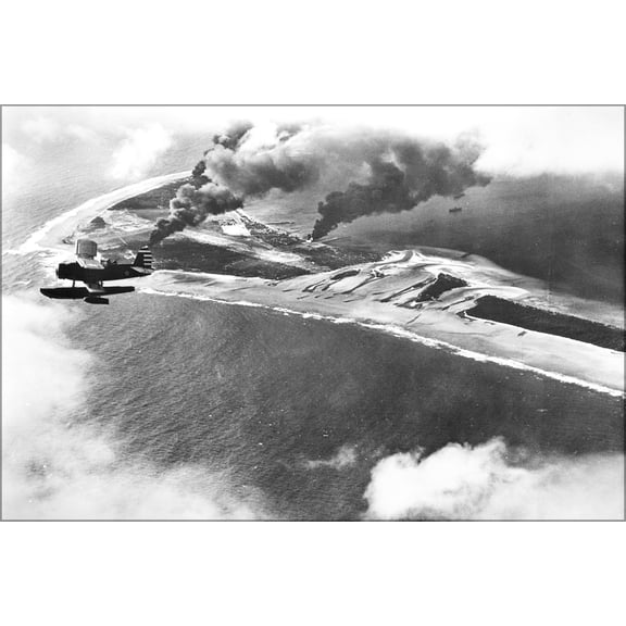 24"x36" Gallery Poster, U.S. Navy SOC Seagull floatplane flies over Wotje Atoll