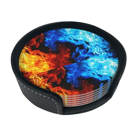 

Round Pu Leather Coaster Yingyang Fire Heat - Resistant Beverage Cup Mat-Fancy Decor For Kitchen Office Dining Room Table - Drink Protector 6-Slice