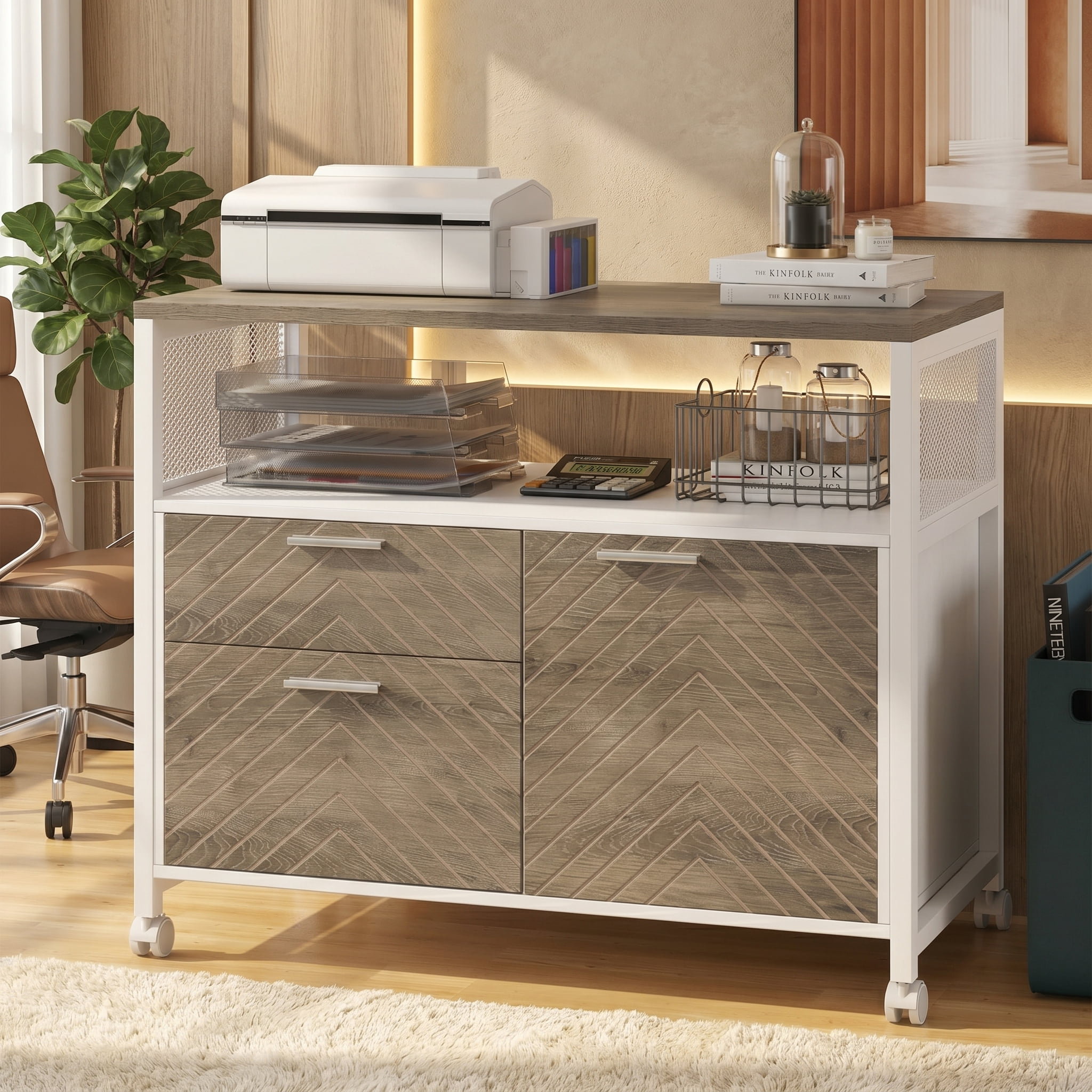 Fnova Modern File Cabinet with Drawers for Letter-Sized File and Door, lateral Filing Cabinet Printer Stand with Storage Shelves and with Rolling Caster for Home Office, Oka