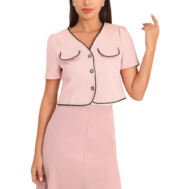 INSPIRE CHIC Women's Tweed Jacket Contrast Color Button Down Short Sleeve Work Office Blazer Pink L